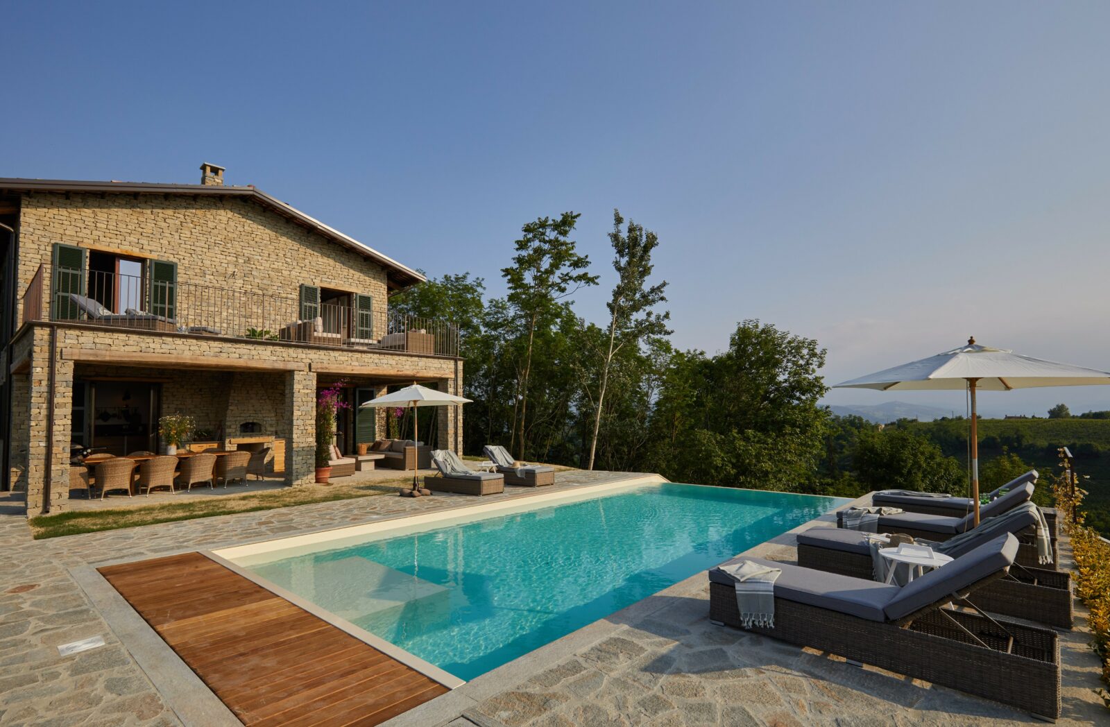 Piedmont Italy house poolside sunset